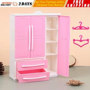 【18.2*7*25.8cm】1 Set Mini Plastic Closet Doll Wardrobe with Mirror + 10 Pink Hangers Accessories for Doll Bedroom Set Baby Girl DIY Toys Doll-Wardrobe