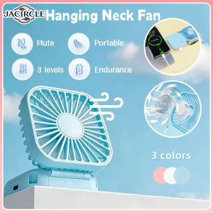 JACIRCLE Foldable Hanging Neck Fan 3 Speeds USB Rechargeable Hands-Free Personal Cooling for Travel Outdoor Quiet Fan