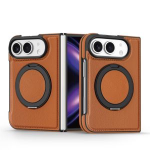 360° Rotatable Ring Stand Magnetic Case For iPhone Duo Slim Lychee Leather Magnetic Compatible Anti-Fingerprint Full Camera Lens Protection Shockproof Foldable Business Phone Cover