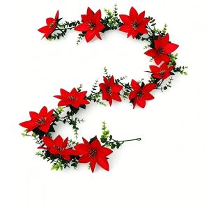 YERZ Realistic Christmas Garland Decoration Soft Large Red Poinsettia Vine Fashion Elegant Artificial Flowers  Room