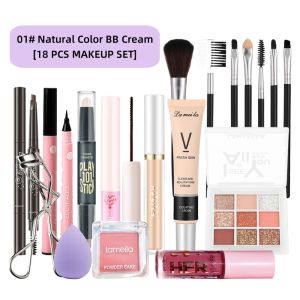 LAMEILA 18 Pcs Set Multi Functional Makeup Combination Moisturzing Natural Bb Cream High-Gloss Contour Stick Eyeshadow Mirror Lip Glaze Rose Blush Black Color Mascara Eye Makeup Makeup Brushes Set Cosmetics