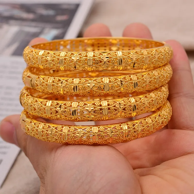 24K 4Pcs/Lot Dubai Wedding Bangles For Women Man Ethiopian Jewelry Gold  Color Africa Bracelets Women Arab Birthday Jewelry Gifts