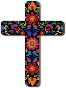 Floral Cross Wall Decor Hand Painted Decorative Inspirational Wooden Cross Spanish Style Wall Cross Mexican Art Wall Decor Mexican Crucifix for Home Room Church Decoration (Retro Style)