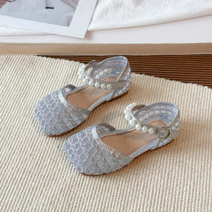 Girls Sandals Fashion Fishnet Wrap Toe Beach Shoes Hollow New Summer Little Girl Princess Shoes with Pearl Pendant Decos J05236