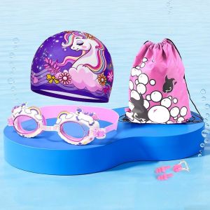 Aoduoyaya Kids Cartoon Swimming Goggles Set with Retractable Swim Cap 5 In 1 Waterproof Swim Eyewear