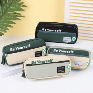 GOLDMINES Canvas Double Zippers Pencil Case Organizer Dirt Resistant Cartoon Pencil Cases Pen Bags Storage Box Large Capacity Storage Pencil Bag Student Learning