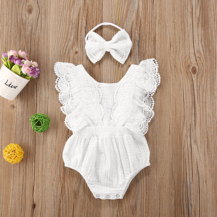 Baby Girls Fly Sleeve Lace Romper+Headband 2-piece Outfit Bodysuit Ruffle  Sleeve Lace Dress （Matching Clothes for Sisters） Lazada PH