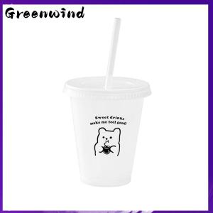 【Greenwind】 Kawaii Water Bottle For Coffee Juice Milk Tea Cute Plastic Cold Cups With Straw Lid Portable Reusable Drinking Bottle BPA Free