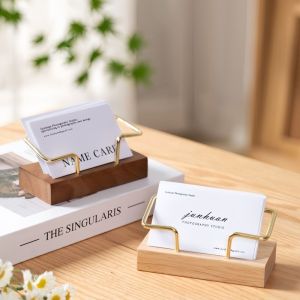 DIVATEN Metal Wood Combined Business Card Holder Multiple Styles Wooden Name Card Stand Multifunctional Desktop Card Holder Office