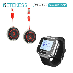 Retekess TD110 Caregiver PagerAlarm Alert PagerNurse Call SystemAlarm Clock8 Languages Receiver Wrist PagerPortable SOS Call Buttons for ElderlyPatientDisable