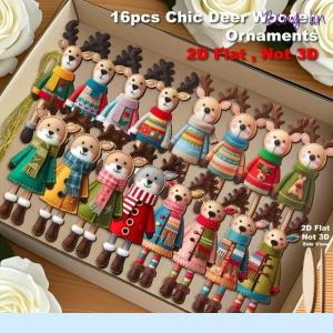 🔥🔥🔥fenglin 16Pcs 2D Colorful Christmas Reindeer Wooden Pendant Ornament Cartoon Christmas Tree Hanging Decoration For Home New Year Gift