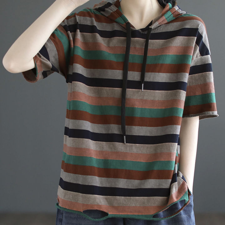 Womens Cotton Striped Hooded Top 2023 Summer Vintage Short Sleeve