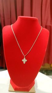 Four Way Cross Of Jesus the Father the Son the Holy Spirit and Mama Mary. 0.62 X 0.75 in non Tarnish Stainless Silver 20in long Necklace