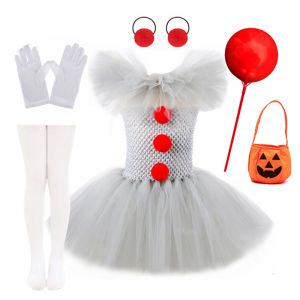 Girls Gray Joker Costume Handmade Mesh Tutu Dress Kids 2026 Halloween Carnival Cosplay Party Creepy Clown Children Clothes ﻿