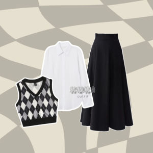 One Set Korean Style One Set Wanita Kekinian Rok Hijab OOTD Setelan Wanita One Set Anak vest rajut Diamond Rok Hitam Kemeja Putih Korean Diamond Plaid Knit Vest Crop Top Rompi Rajut Korea - KK02