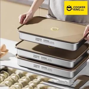 COOKER KING Stainless Steel Food Storage Container Dumplings Tray Rectangle Dish with Cover Thick Refrigerator Organizer Plate2026
