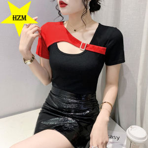HZM New design splicing color collision fashion short sleeve original top 2023 summer slim show foreign style womens T-shirt