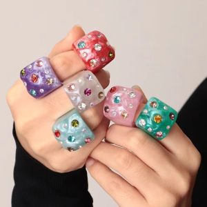 DOWNA Resin Colorful Rhinestone Rings Finger Jewelry Square Shape Resin Finger Rings Trendy Jewelry Gift Square Ring Valentines Day