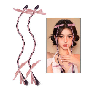 【♡Lovely girls house♡】2Pcs Ribbon Bow Twist Wig Braided Ponytail Wig White Pink Blue Hair Accessories Fashion Sweet Hair Clip for Women