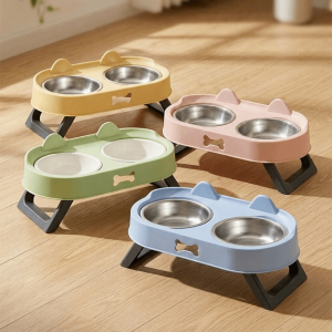 OUTOPEN Cat Shaped Elevated Cat Bowl Double Bowl Stainless Steel Raised Pet Feeder Anti Slip 15°Tilted Angle Cat Feeding Dish For Cats