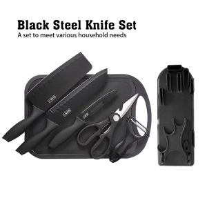 (7in1) Black Steel Nonstick Kitchen Knife Set Dapur Pisau Gunting Stainless Steel Kitchen fruit Chefs Knife Home tool set high hardness tools sharpened tools