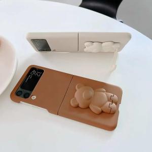 For Samsung Galaxy Z Flip 5 3 4 Cute 3D Bear Bracket Case For Samsung ZFlip3 ZFlip 4 3 Z Flip5 flip4 Pure Color Shockproof Cover
