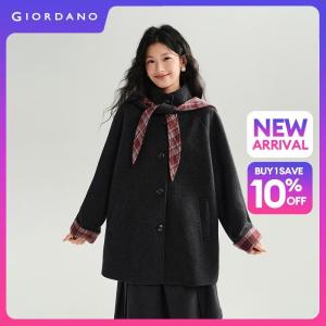 GIORDANO Women Coats Detachable Plaid Hood Scarf Stand Collar Coats Mid-Length Fashionable Casual Loose Coats 18376710