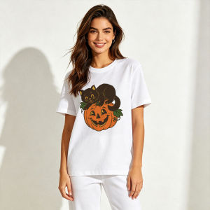 Cute Vintage Black Cat Pumpkin Halloween T Shirt Women Retro Fall Cartoon Animal Print Cotton Crew Neck Casual Short Sleeve Top