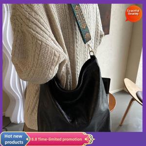 Graceful Vintage Solid Color Women Fashion Shoulder Sling Bag High-Capacity Simple Wide Strap Bucket Crossbody Bag