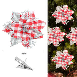 YESPERY ดอกไม้คริสต์มาสลายสก๊อต4ชิ้นพร้อมคลิปเกล็ดแวววาวประดิษฐ์เครื่องประดับต้นคริสมาสต์ลายดอกไม้ดอกไม้ปลอมตกแต่งคริสต์มาสปาร์ตี้