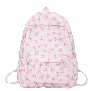 OKDEALS Adjustable Strap Student Backpack Large Capacity Nylon Women Schoolbag Cute Bow Printed Travel Bag Outdoor
