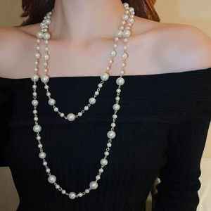 AE European and American style multi-layered pearl necklace for women high-end light luxury sweater chain versatile long necklace for autumn and winter