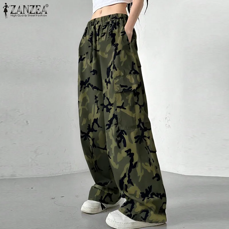 パンツ 90s~00s silk camouflage wide cargo pants ZANZEA Korean Style Women Girlish Vintage Cargo Pockets Trousers