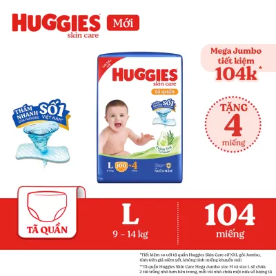 [17-24.08 GIẢM THÊM 90K] Gói Tã/bỉm quần HUGGIES SKINCARE MEGA JUMBO size L100+4 miếng