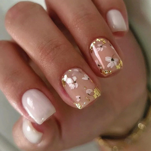 24pcs Elegant Short Square False Nail With White Flower And Gold Foil Full Cover Acrylic Nail Manicure For Nail Art