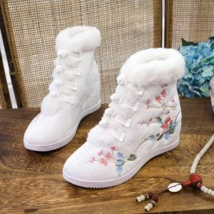 ZEEMIN Womens Winter New Wedges High Top Embroidered Cotton Boots Soft Sole Non Slip Plush Warm Ethnic Style Hanfu Boots Ankle Boot