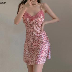 [WQP Fashion Store] Flash Sale Jewelry Lace Womens Nightdress Girl Leopard Print Sleepwear Silk Pijama Sling Nightwear Homewear