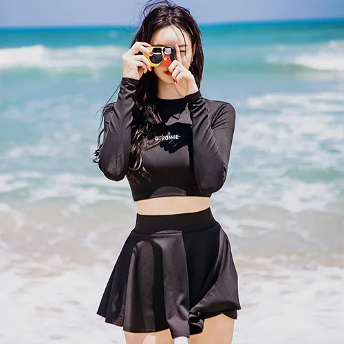 Women Long Sleeve Swimming Suit Skirt Swim Wear Black Swimsuit