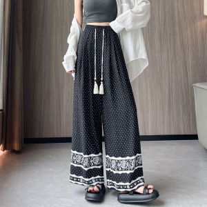 Yimei mùa hè mới của phụ nữ dây rút in Polka Dot quần ống rộng lỏng lẻo và linh hoạt phong cách kỳ nghỉ thoải mái vải lanh và cotton giản dị quần
