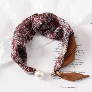 New Pearl Buckle Silk Scarf Printed Soft Neck Scarf Lightweight Thin Neckerchief Women