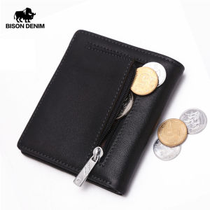 BISON DENIM Fashion Purse Mens Genuine Leather Wallet RFID Blocking Mini Wallet Male Card Holder Small Zipper Coin Purse W93172026