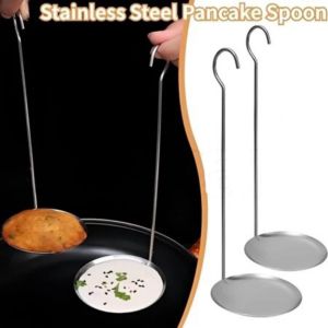 Long Handle Stainless Steel Round Pancake Spoon Pan Fried Shrimp Flapjack Spoon Kitchen Fried Ladle