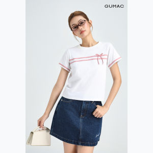 [MUA 2 GIẢM 35K] Áo Thun Nữ GUMAC Tay Ngắn Cổ Tròn Phối Bo Màu Đính Nơ Thanh Lịch LATF0423