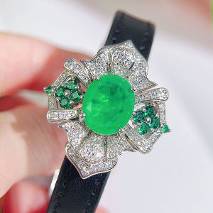 SEQUITO Women Modern Jewelry White Gold Color Micro Pave Shiny AAA Cubic Zircon Setting Green Oval Stone Anniversary Big Flower Watchband Bracelet Can Be Necklace B229