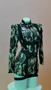Policewoman Woman Carnival Cosplay Costume Zipper Long Sleeve Jumpsuit with Bandage Hat Full Officer Uniform Set