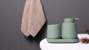 INGOFIN 3PC Ceramic Bathroom Set - Green Foam Soap Dispenser Toothbrush Holder & Tray    Countertop Organizer    For Bathroom Office & Guest Suite