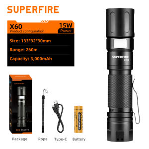 SUPERFIRE Torchlight X60 Zoomable Rechargeable Battery Led Super Bright Flashlight  Pocket  Work Light Camping Emergencies
