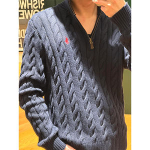 Sea chenic  เสื้อสเวตเตอร์ปักลาย เสื้อสเวตเตอร์สำหรับผู้ชายคอปกตั้งมีซิปครึ่งตัวเสื้อกันหนาวแบบถักรักษาความอบอุ่น