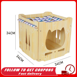 【High Quality】Wood Cat House With Hammock 2 In 1 Cat Bed DIY Stackable Square Wood Cage Cat Villa 叠加猫窝