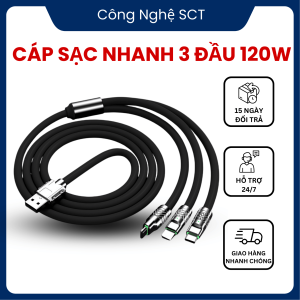 Cáp Sạc Nhanh 3 đầu Hợp Kim Kẽm 120W 6A Dây Silicone-Cáp 3 đầu chân type C-Ip-Micro